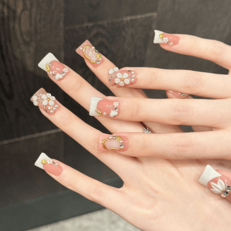 Pink White French Flower Pearl Shiny Casual Elegant Handmade Press on Nails