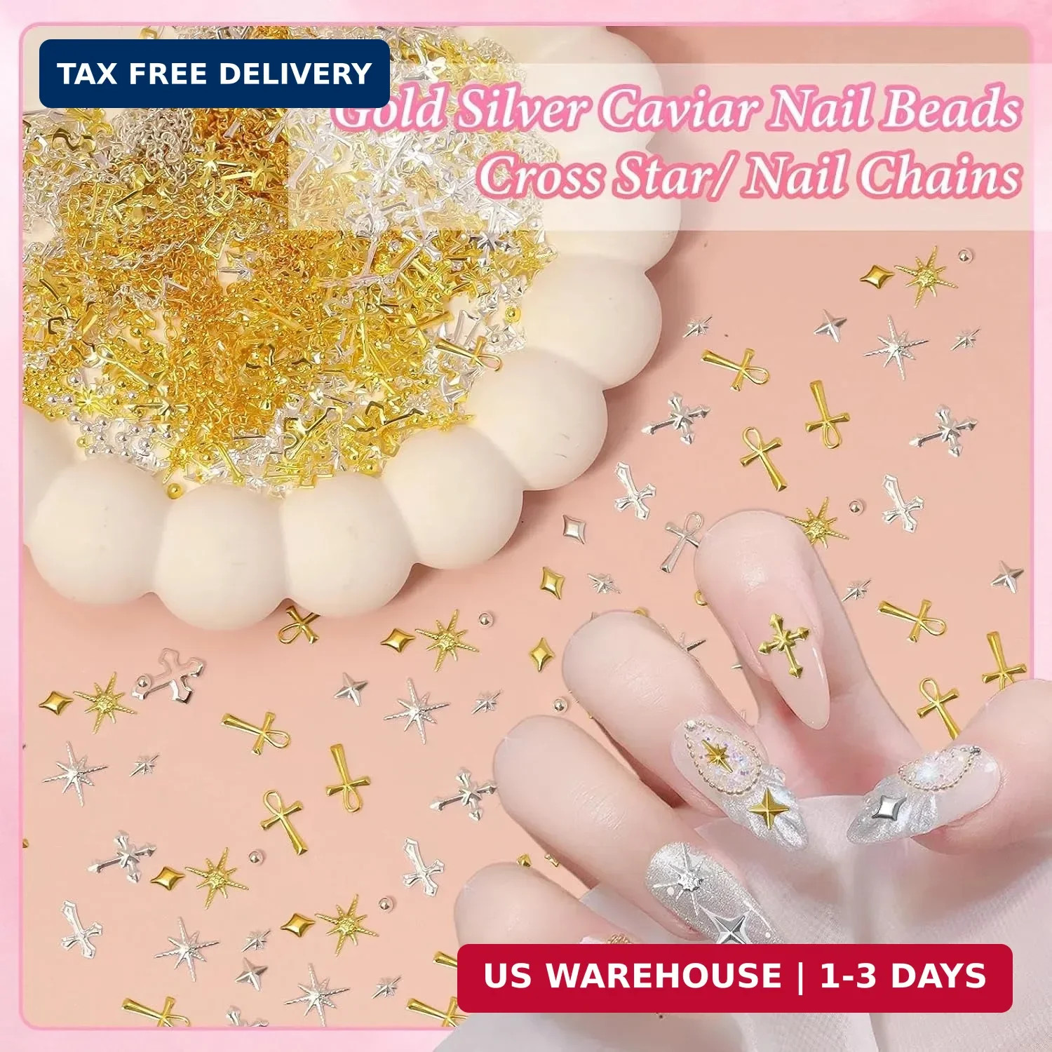 Gold Silver Caviar Nail Beads, 3D Starburst Chain Cross Nail Charms, Alloy Star