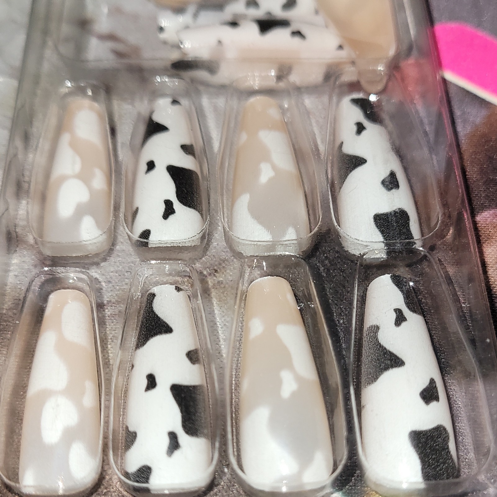 Beautiful Nail Long Coffin Full Cover Glossy Press-On Artificial Nails Cow Print