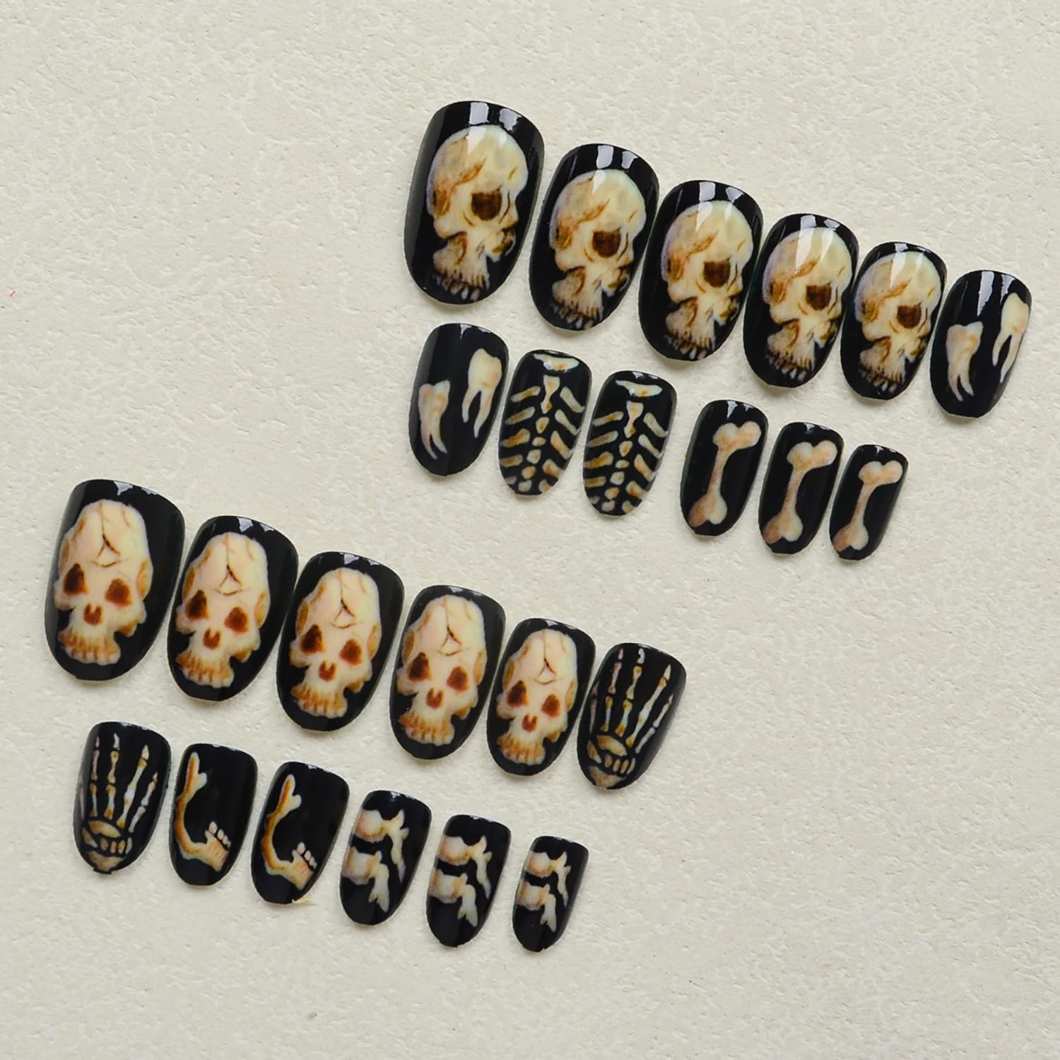 Halloween Skeleton Press on Nails Almond Shaped Fake Nails Glossy Acrylic Pre…