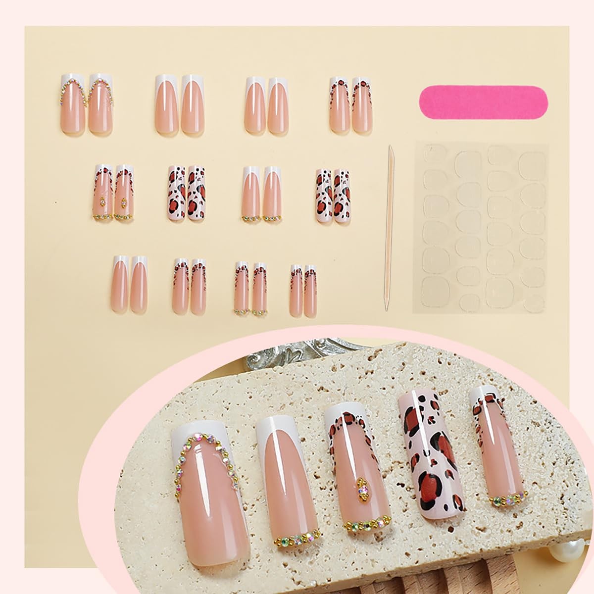 24 Pcs French Tip Press on Nails Long Coffin Leopard Fake Nails with Rhinesto…