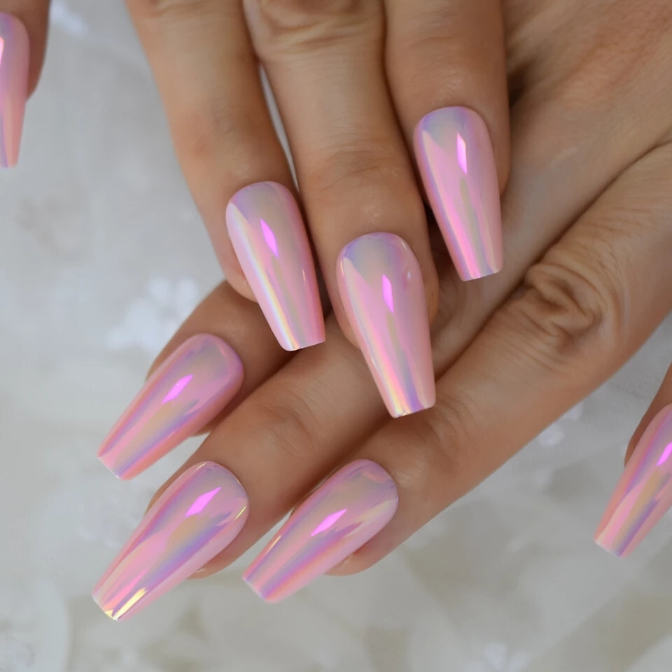 24 Press on nails kit w glue Holographic Pink chrome Long Coffin barbie