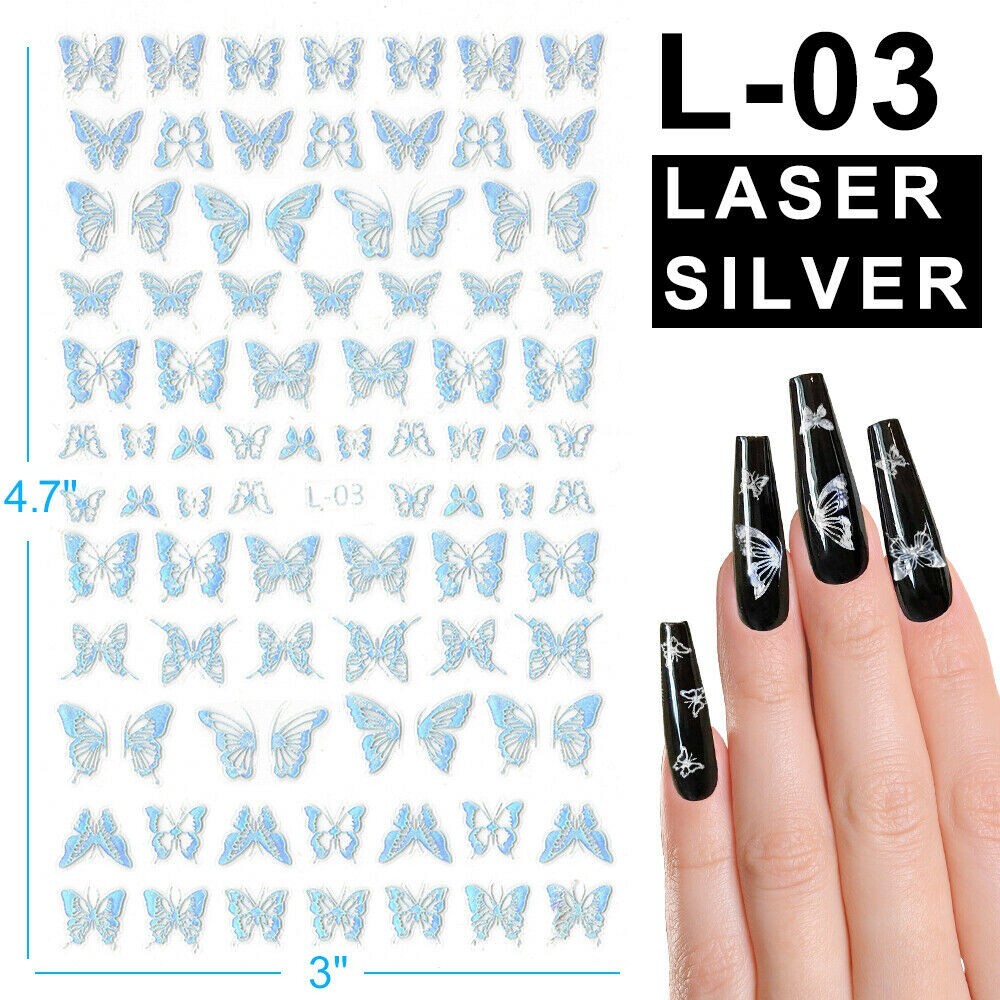 Holographic Butterfly 3D Nails Art Sticker Laser Silver Decal Decoration L3 NS15