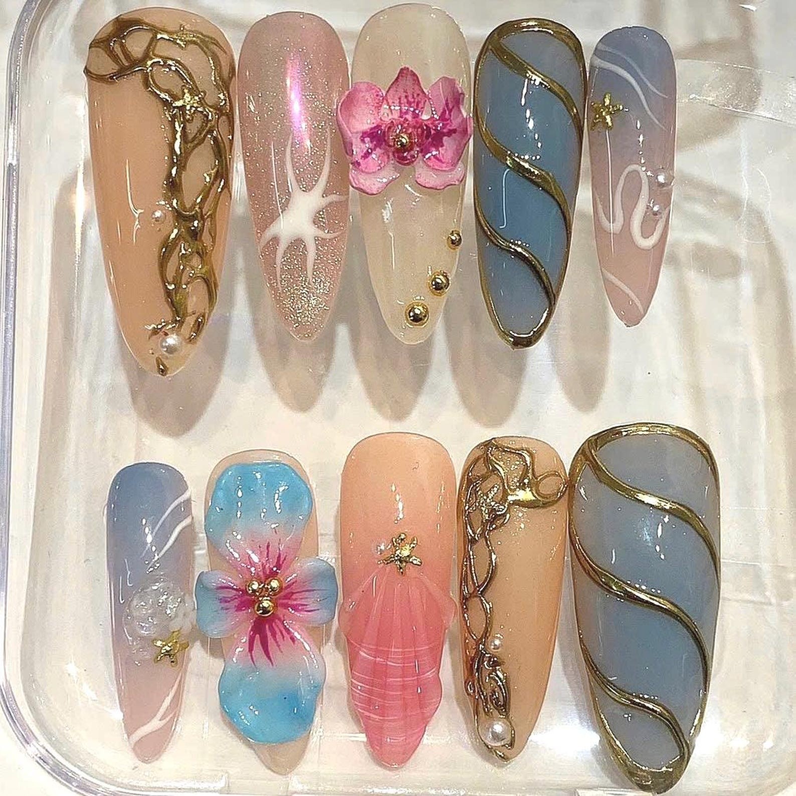 Handmade 3D Orchid Gold Line Starfish Medium Almond Press on Nails Art Set