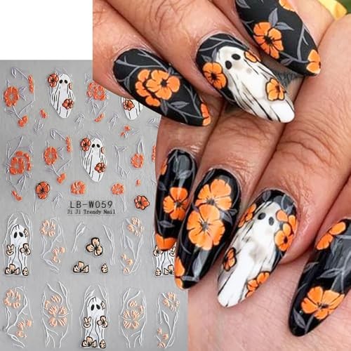 4 Sheets Cute Ghost Nail Art Stickers and Halloween Flower Nail Stickers-7