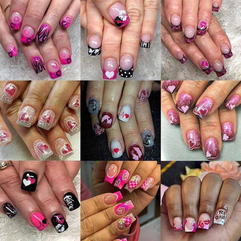 216 Pink Rose 3D Heart Shaped Nails – Removable and Reusable Fake Nail Art