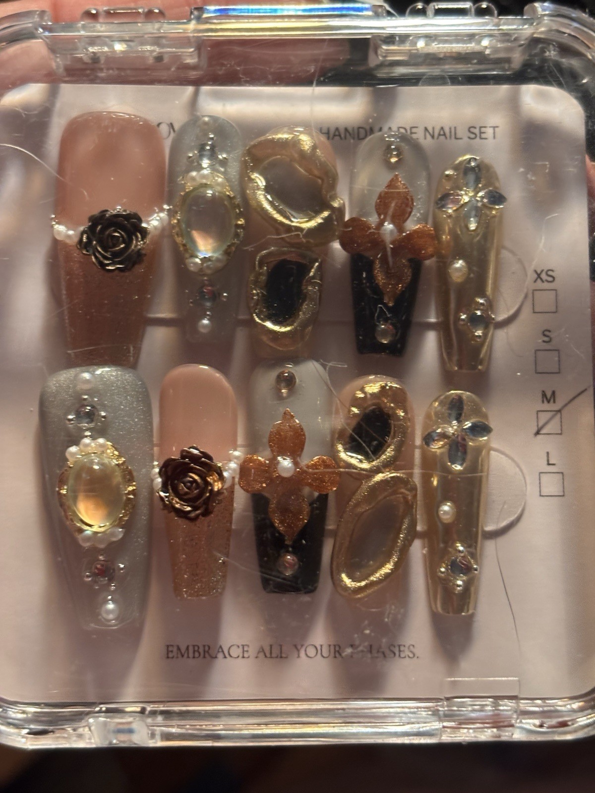 Nude/Gold/Black/Brown/Silver 3D Press-On Nails Long Coffin Flower Design