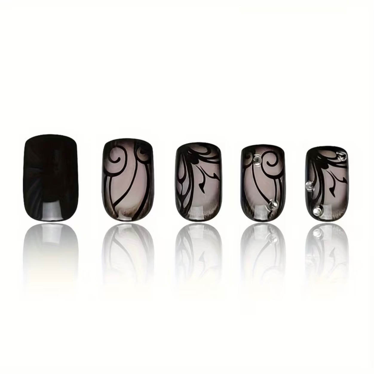 24 pcs Black Swirls on Nude w Rhinestones Medium Length Square Press on Nails