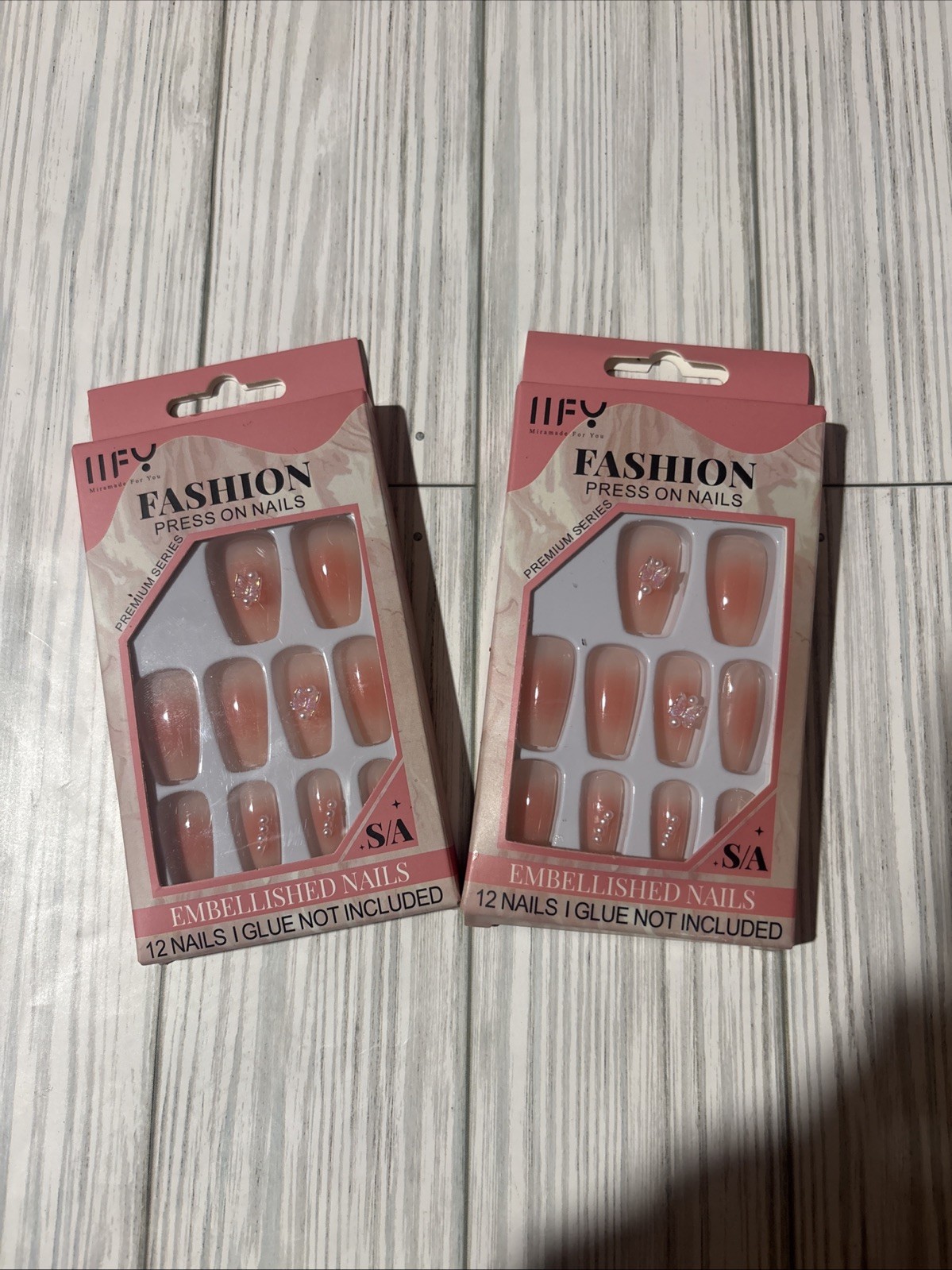 2 Sets Pink Rhinestone Embellished Artificial Nails No Glue/24 Nails