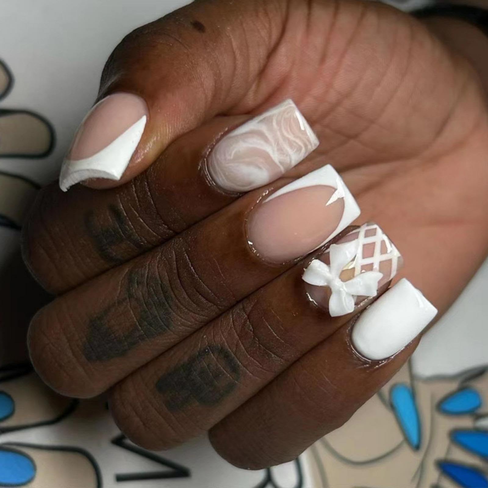 White French Tip Press on Nails Short Square Fake Nails with Design Bow Charm…