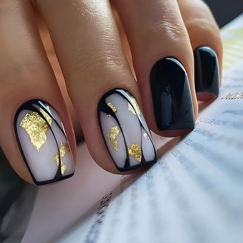 Black Press on Nails Short Square False Nails Gold Foil Design Short Nails
