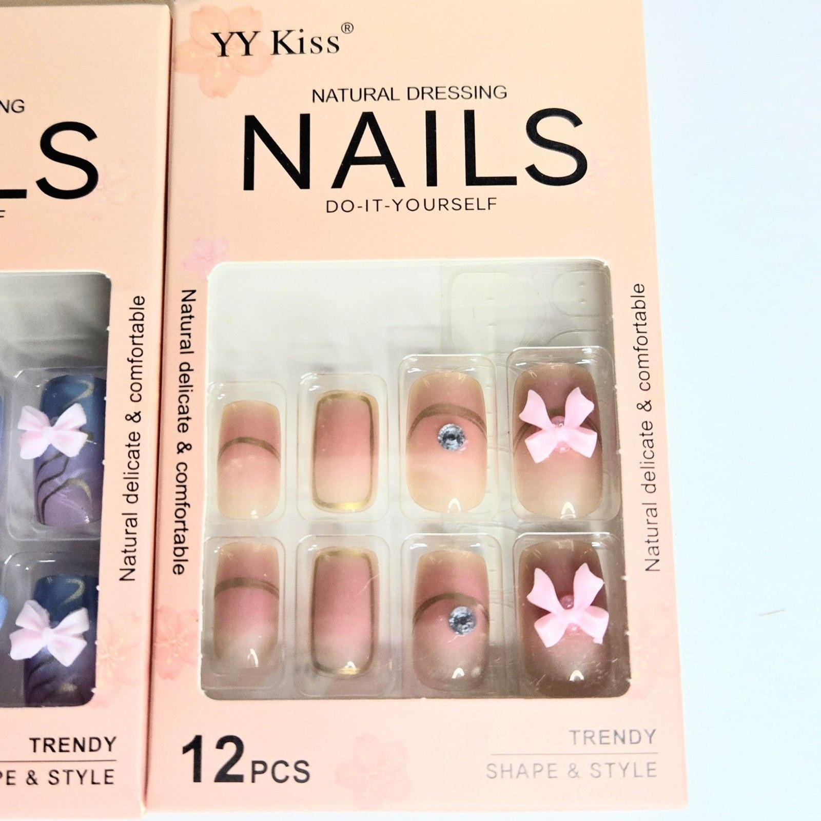 PRESS-ON NAILS Pack of 3 Set with 12 Pieces Each YY Kiss Natural Dress NEW NIB