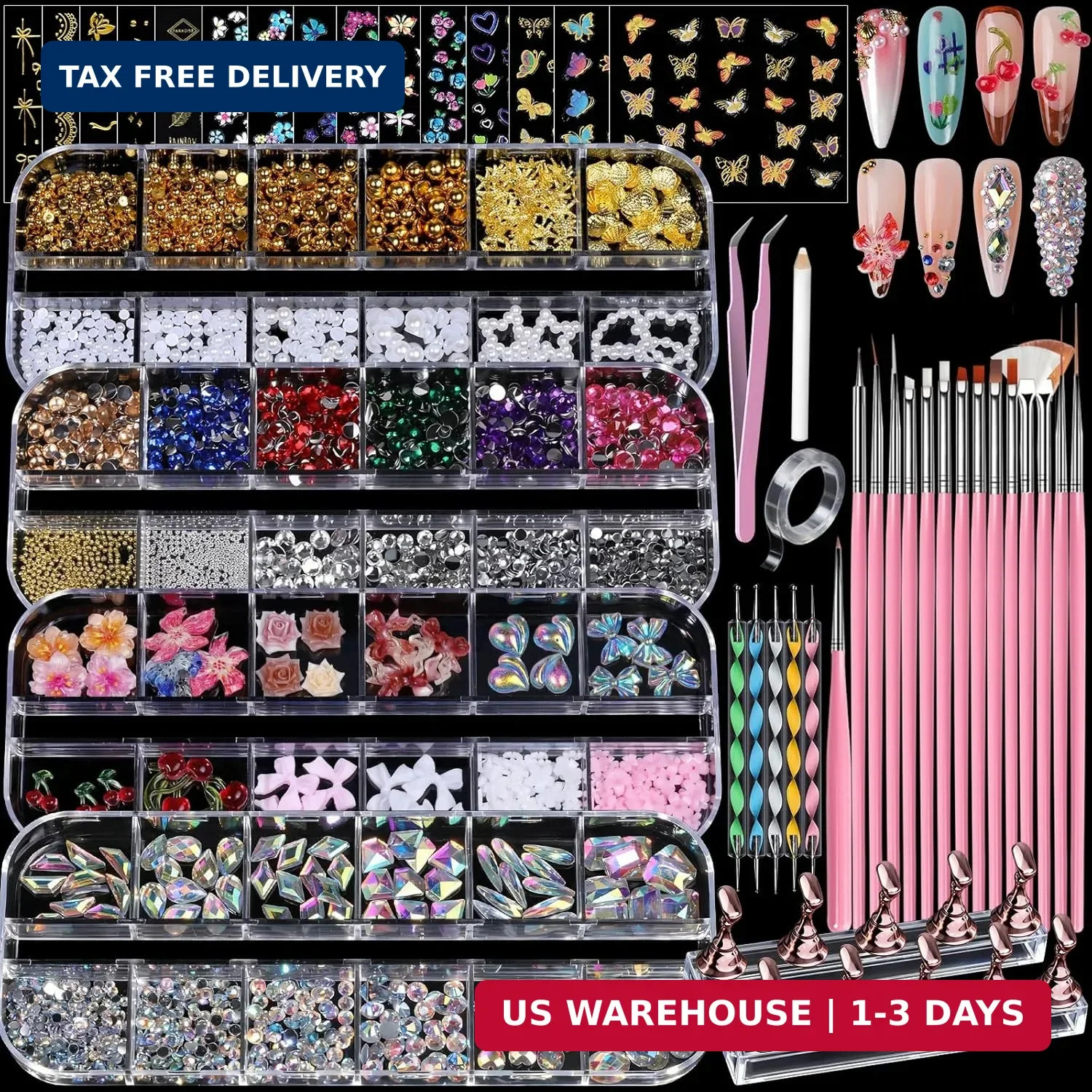 Teenitor 4 Boxes Nail Charms and Gems Set, Nail Rhinestones Nail Kit with Nail A
