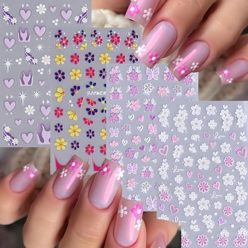 4 Sheets Colorful Flower Nail Art Stickers Decals 5D Embossed Spring flower