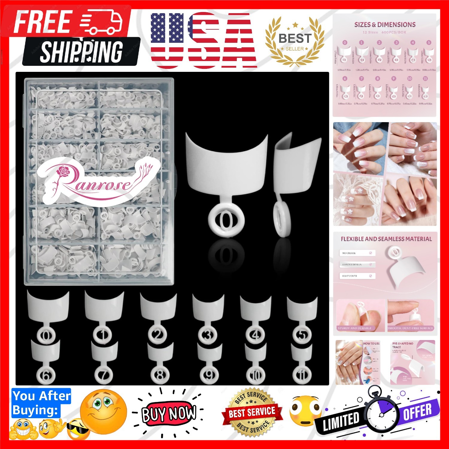 600PCS Short French Style False Nails Half Cover Nails Tips,White Short Acryl…