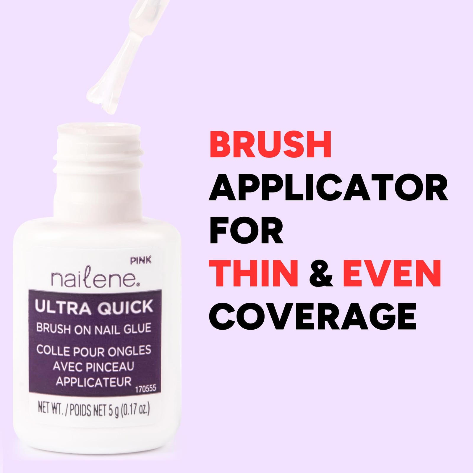 Nailene Pink Brush-On Nail Glue, 0.10 oz – Durable, Easy to Apply False Nail