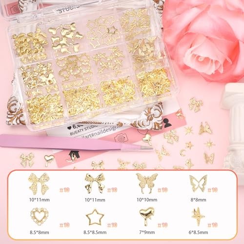 Gold Nail Charms, Butterfly Star Heart Bow Nail Golden Charms, Multi Shapes S1