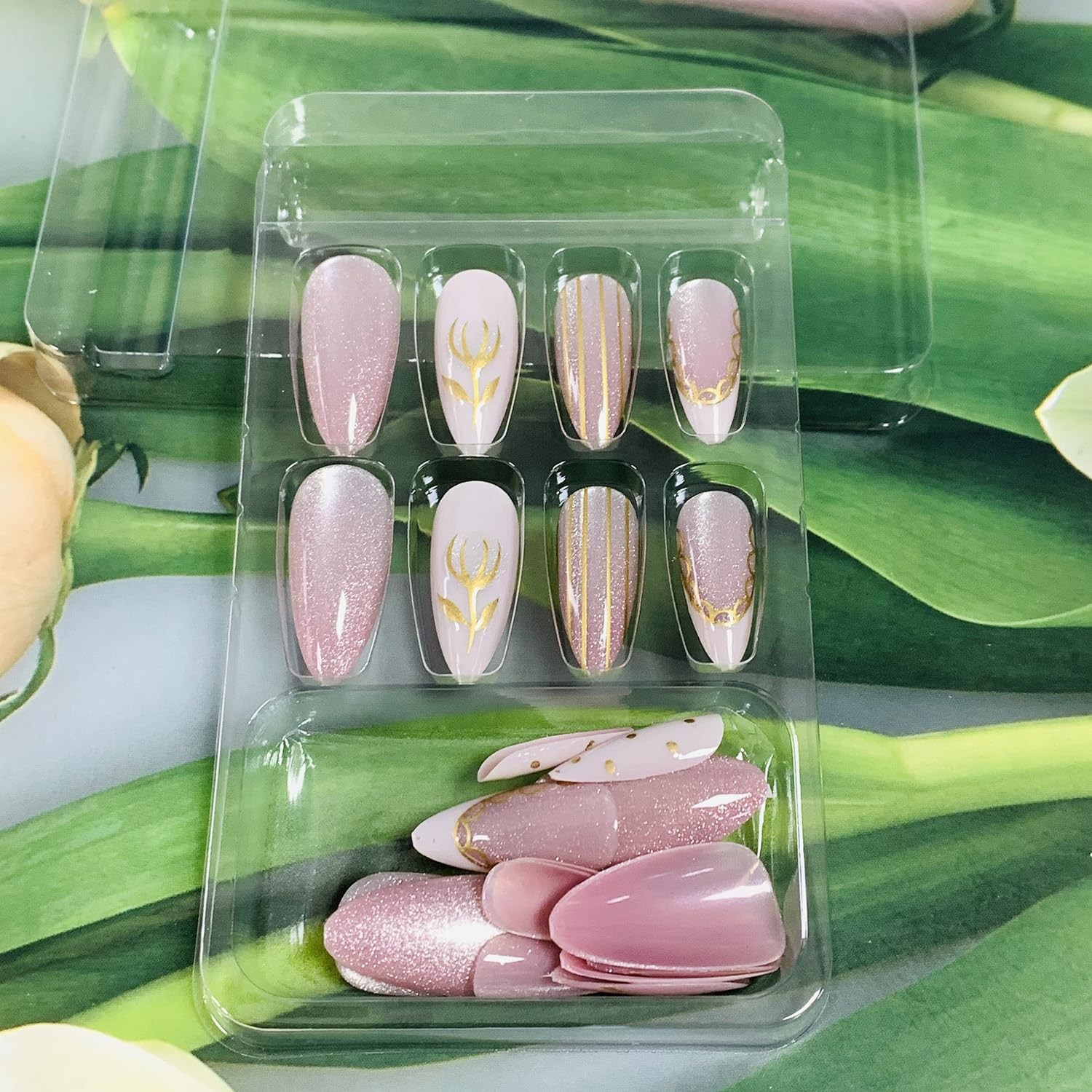 Press on Almond Nails Medium Length Glossy Full Cover Acrylic Almond Shaped F…