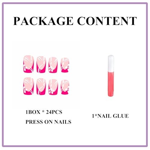 Medium Square Press on Nails – Hot Pink French Tip Glue ons Flower 21205 Pink
