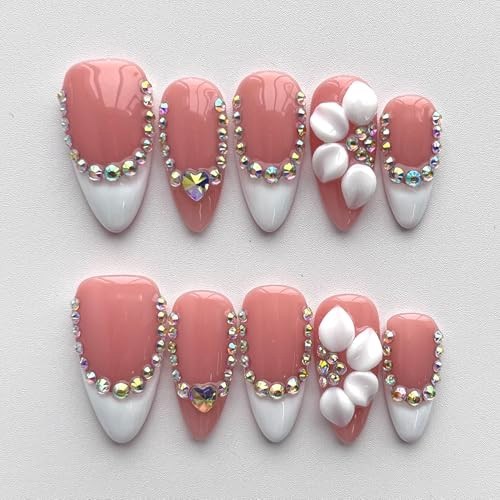 Handmade Medium Almond French Tip Press-On Nails, 3D Floral Design, Thick Acryli