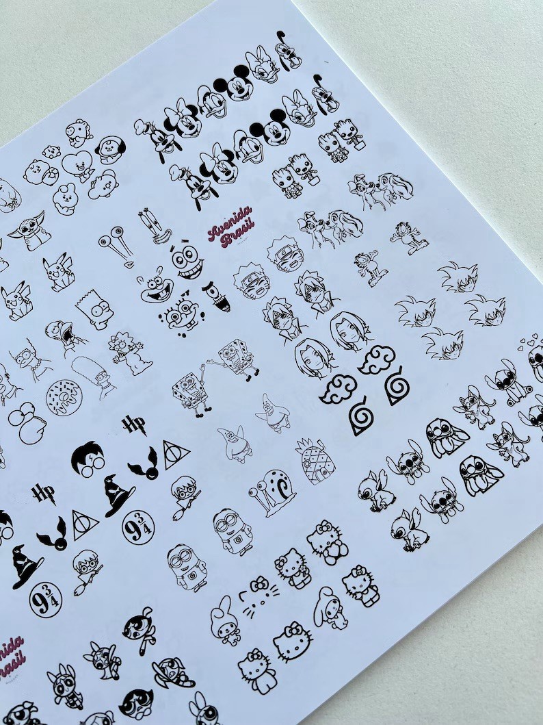Cartoon nail art practice sheet reusable mat decal sticker template Pantilla