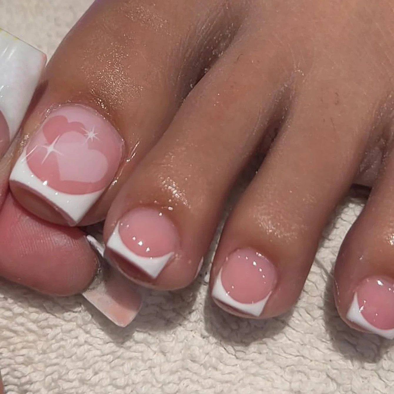 French Press On Toe Nails 24PCS Short Square Pink Fake Toe Nails With White Edge