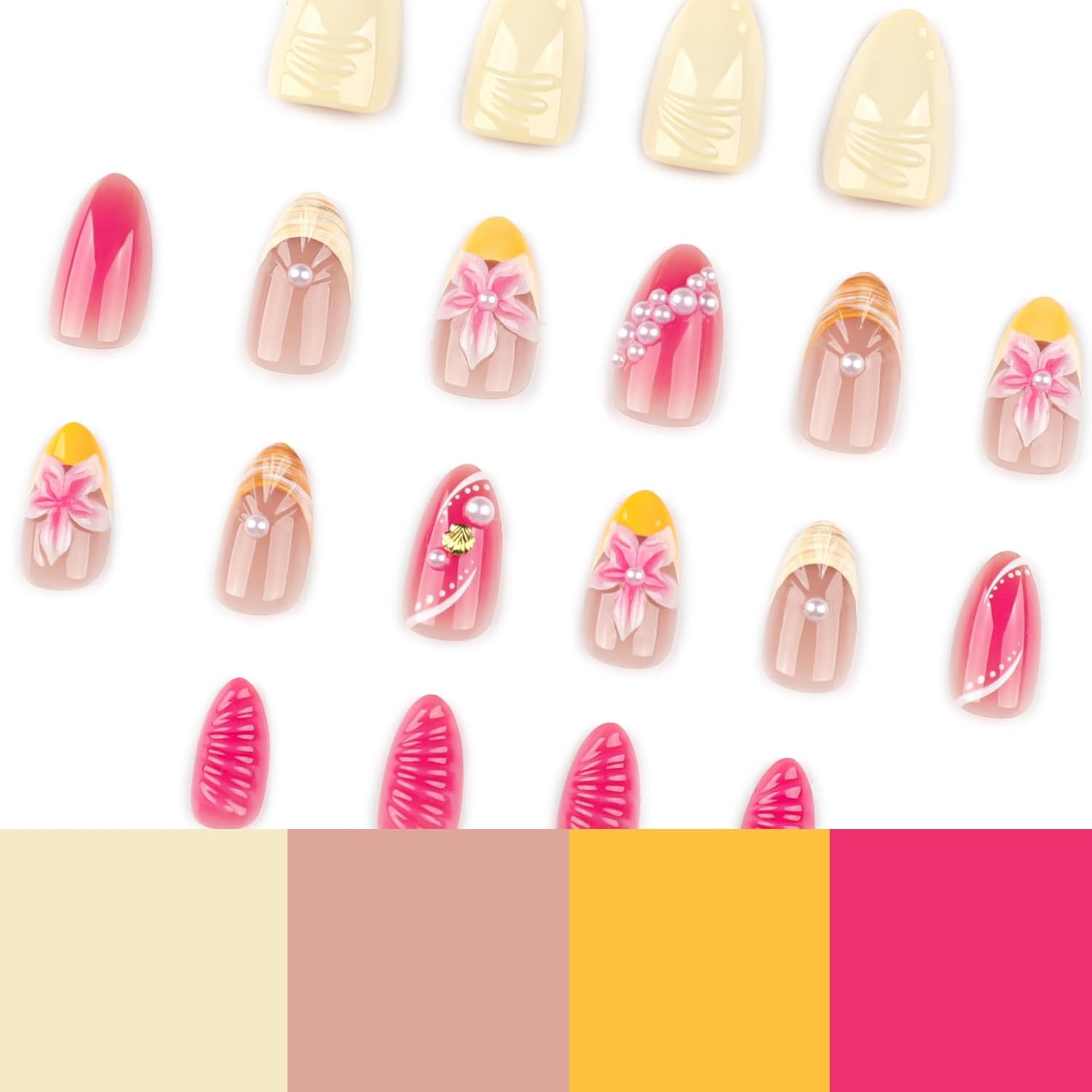 3D Summer Ocean Flower Press on Nails Short Almond Fake Nails 3D Beach Floral Sh