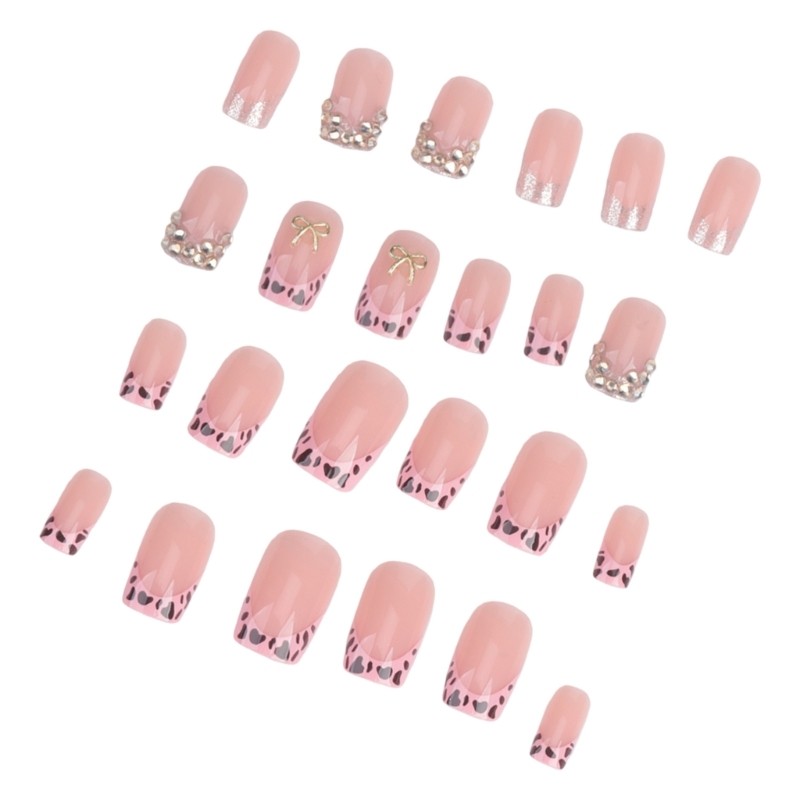 24 Pieces French Tip Nail Press On Nail Short Square False Nail With Rhinestones