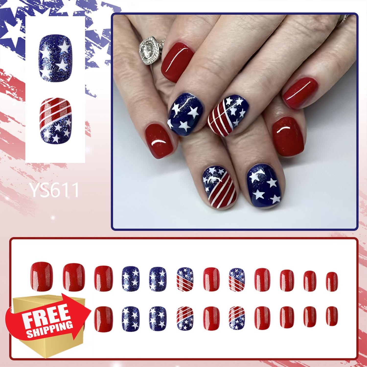 4th of July Press on Nails Flag Red Blue White