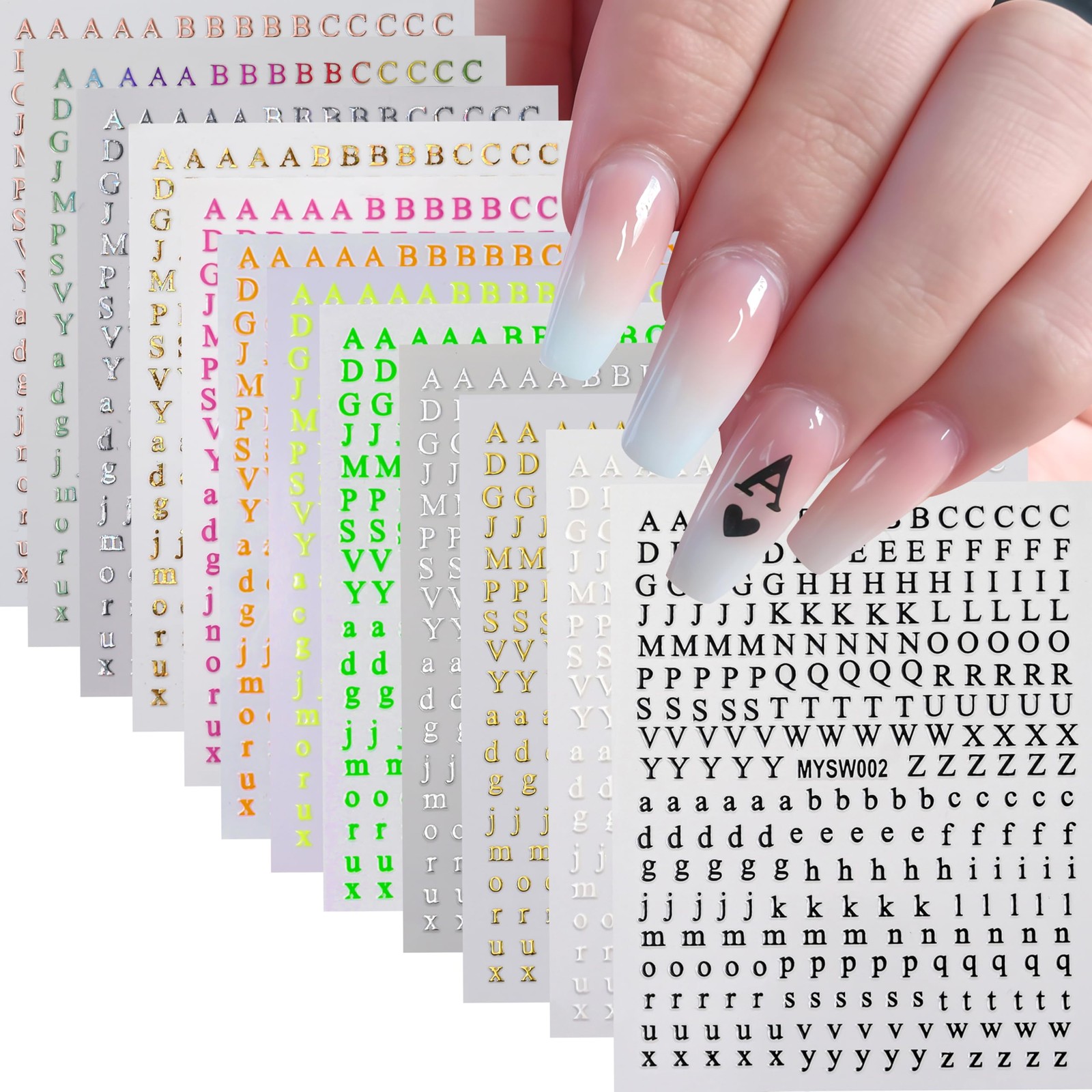 12 Sheets Letters Nail Art Stickers English Alphabet Nail Decals 3D Self-Adhesiv