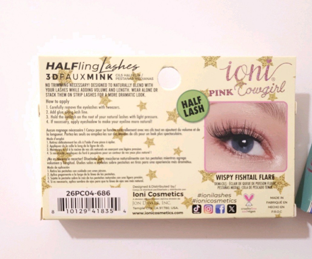 NIB Ioni Pink Cowgirl Press On Nails & 3D Mink Half Lash Handmade Eyelashes Set