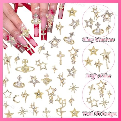 130 Pcs Alloy Gold Star Cross Nail Charms, 21 Styles 3D Y2K Metal S2-golden