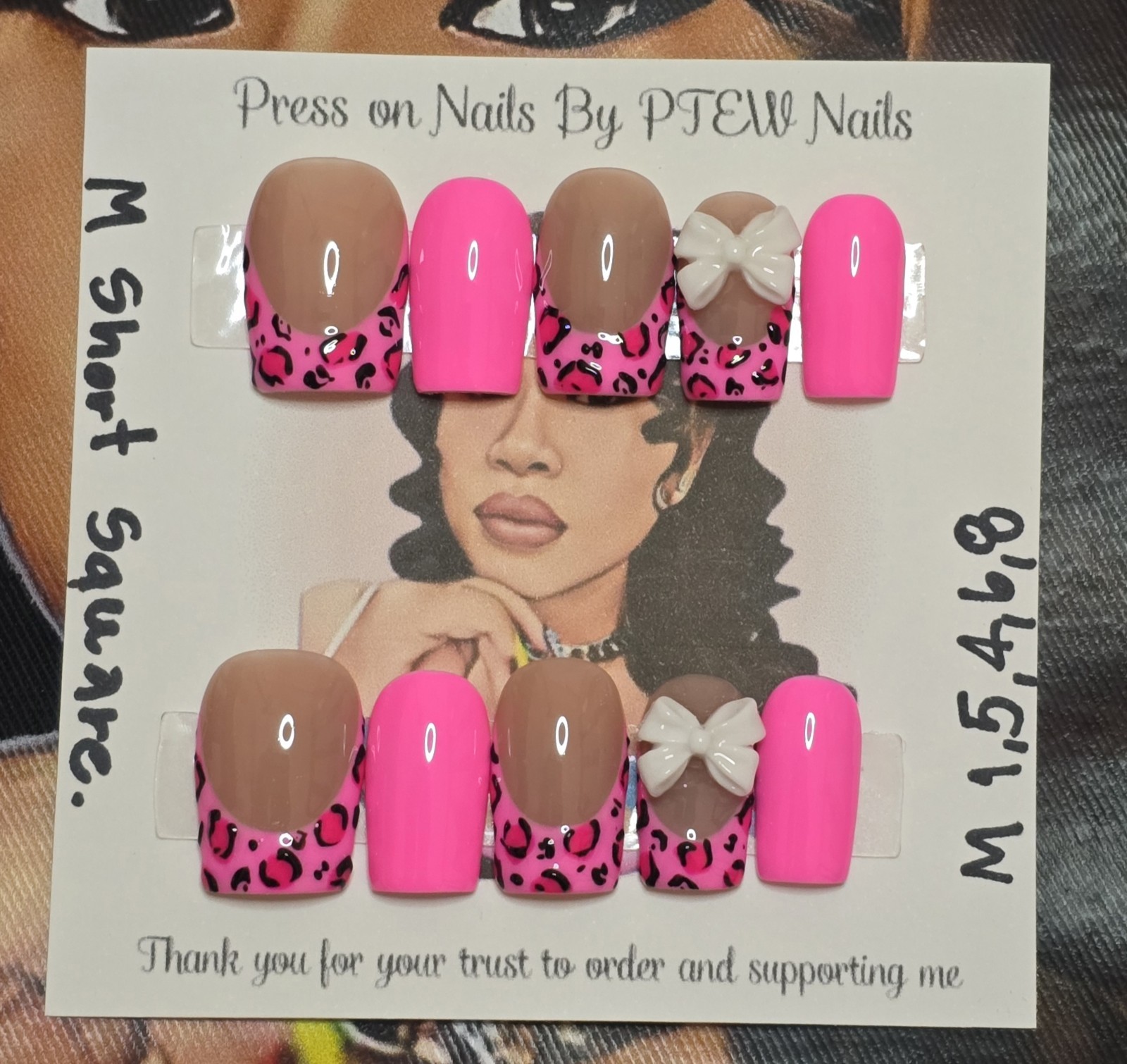 Handmade Press On Nails, Pink Cheetah , Medium Size 1,5,4,6,8 M Short Square