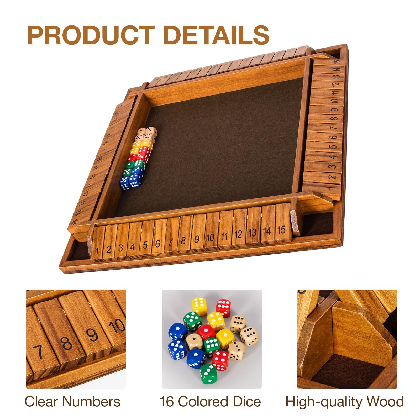 BIVOMON Upgraded 16.54’’ Shut The Box Dice 16.54 x x 1.77 inches, Brown