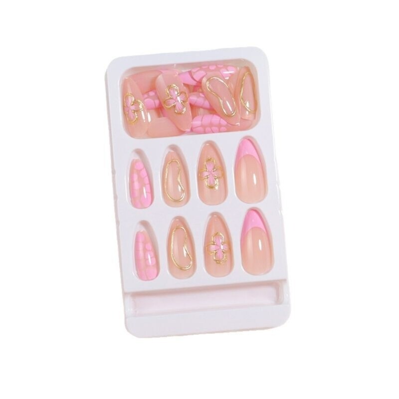24 Pieces Medium Length Press On Nail with 3D Flower Artistic Designs False Nail