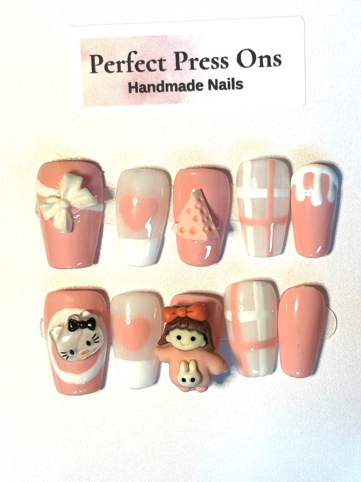 My Melody Sanrio Press On Nails 3D Pink Bunny Bow Ribbon Ginghan Handmade L