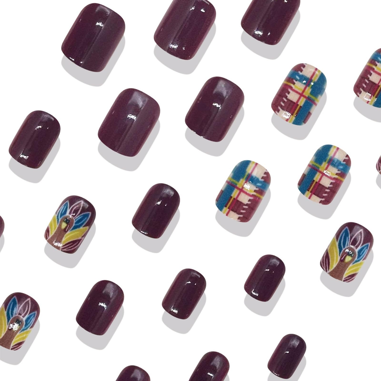 Fall Press on Nails Short Fake Nails with Designs Turkey Stick on Nail Purple…