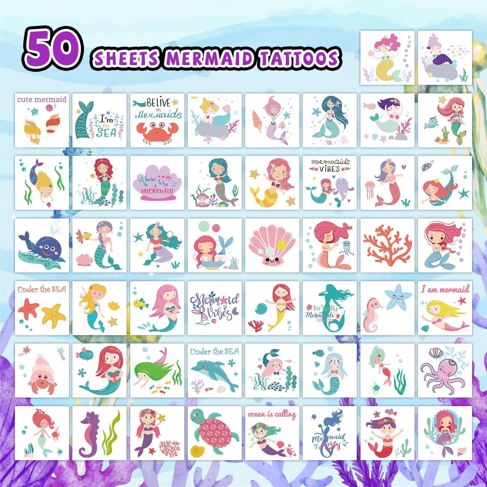 EMOME 50 Sheets Mermaid Tattoos for Kids Girls, Individually Wrapped Temporar…