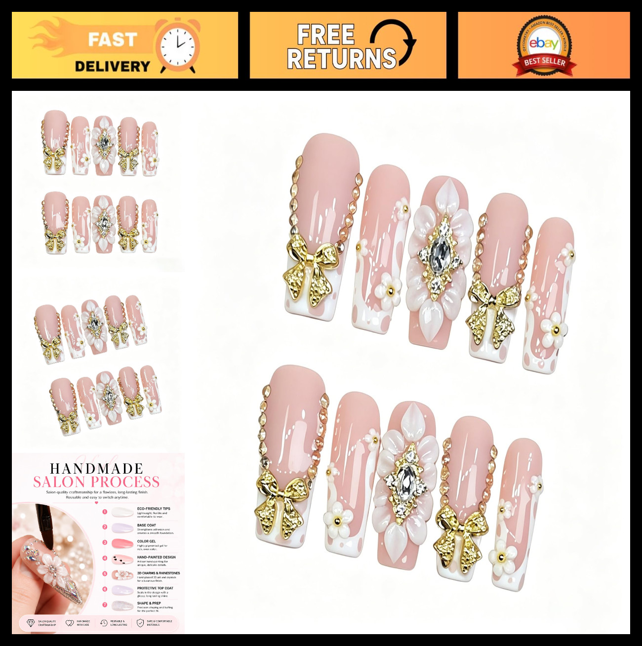 Luxury Long Square Press-On Nails – Gold Bow & 3D Flower Design, 10 Pack M