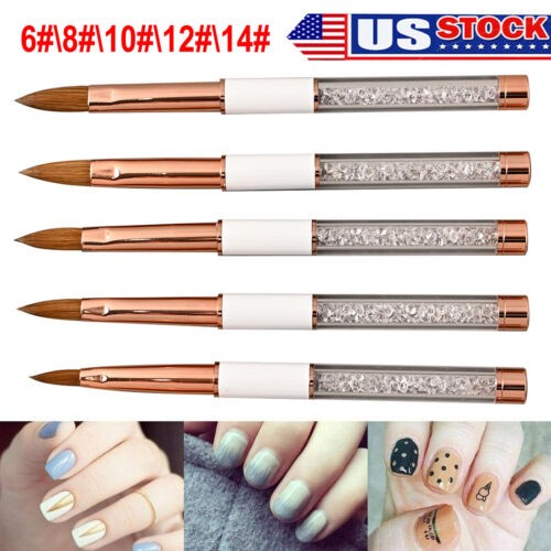 100% Kolinsky Acrylic Nail Brush With Cap White Crystal Handle Size 6-14 CRIMPED