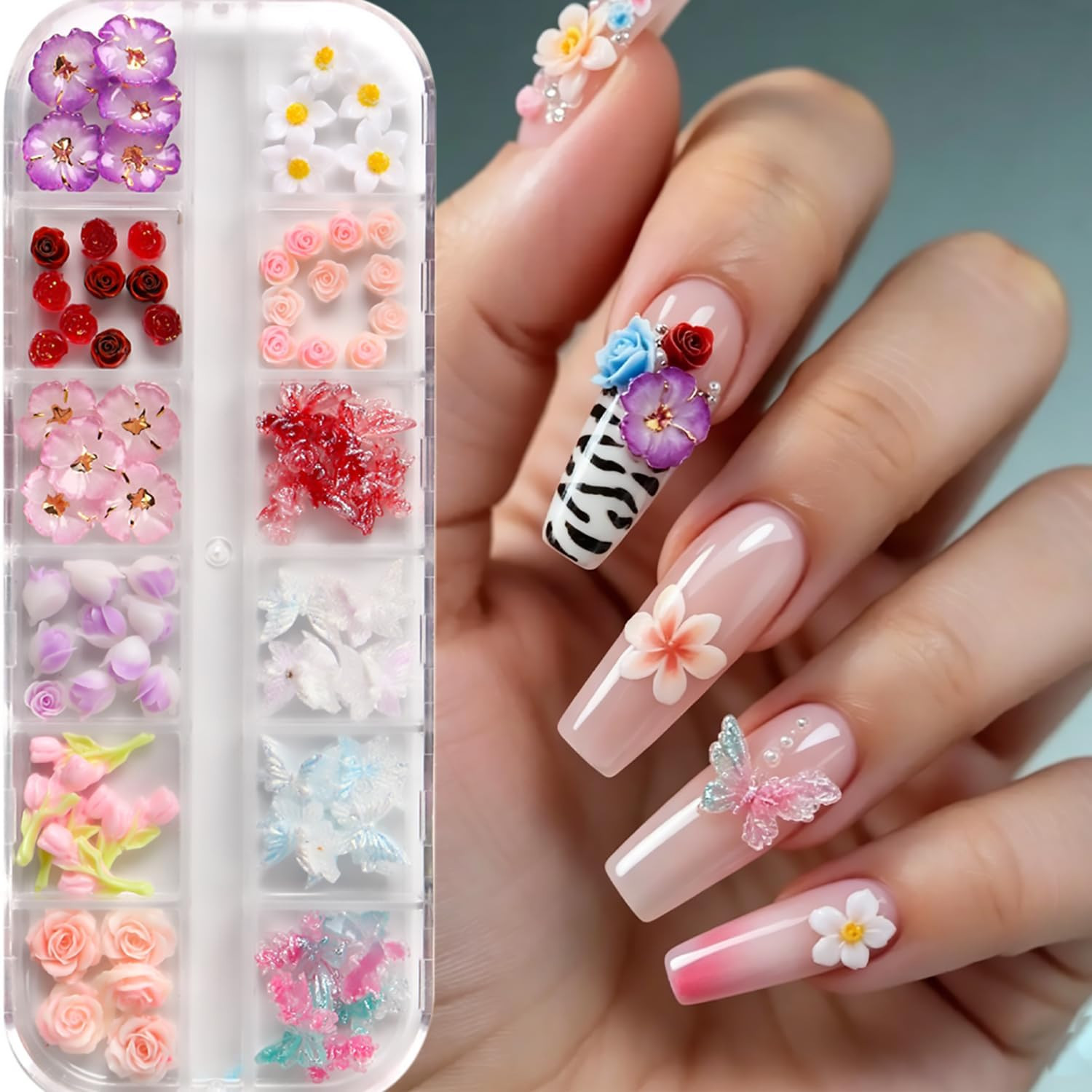 12 Grids Flowers Nail Charms Rose Tulip Floral Butterfly Designs | 3D Resin Mult