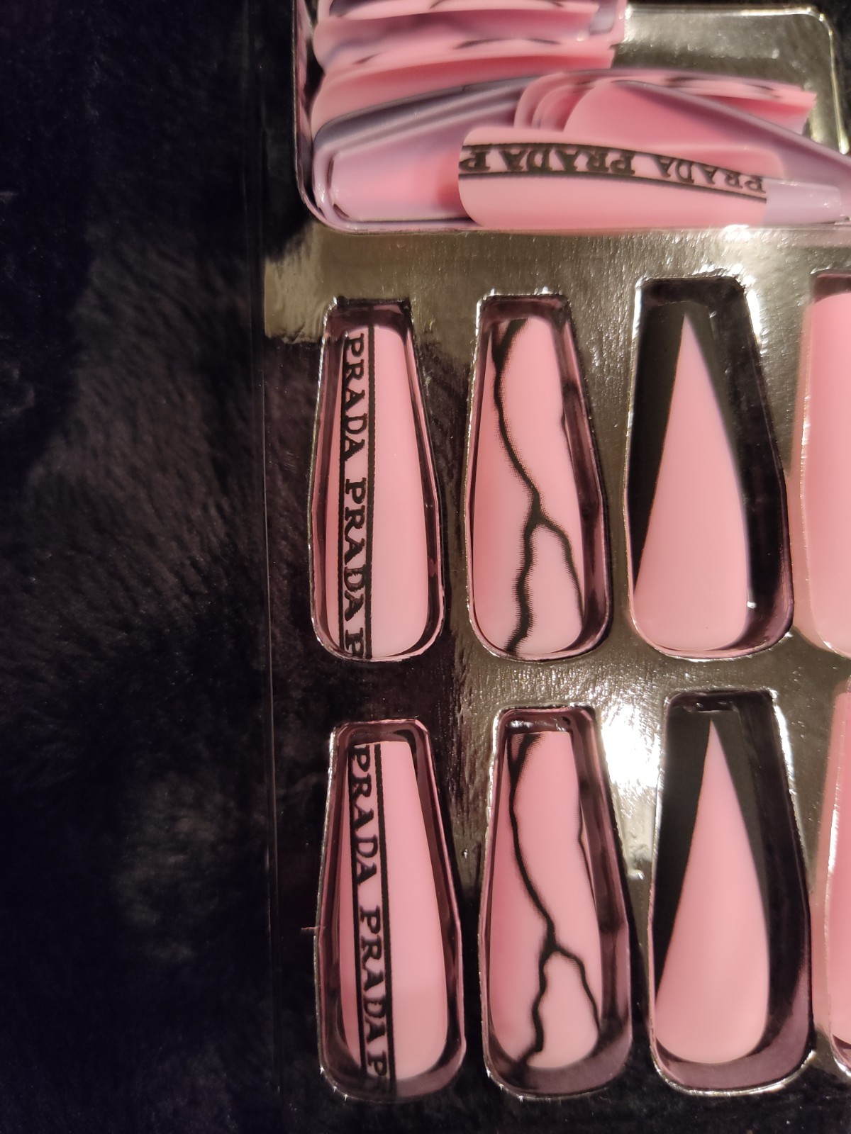 Pink Black Salon QualityPress On Nails Luxury Logo Print Glam Long Coffin Matte