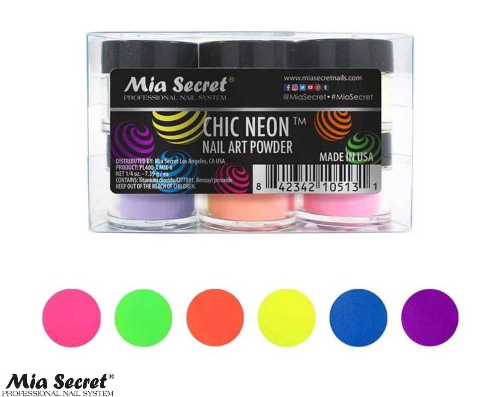 Mia Secret Chic Neon Collection Nail Art Powder 7.39g each Set of 6 Color
