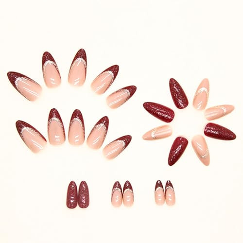 Medium Press on Nails Almond Burgundy Burgundy French Tip & Silver Glitter