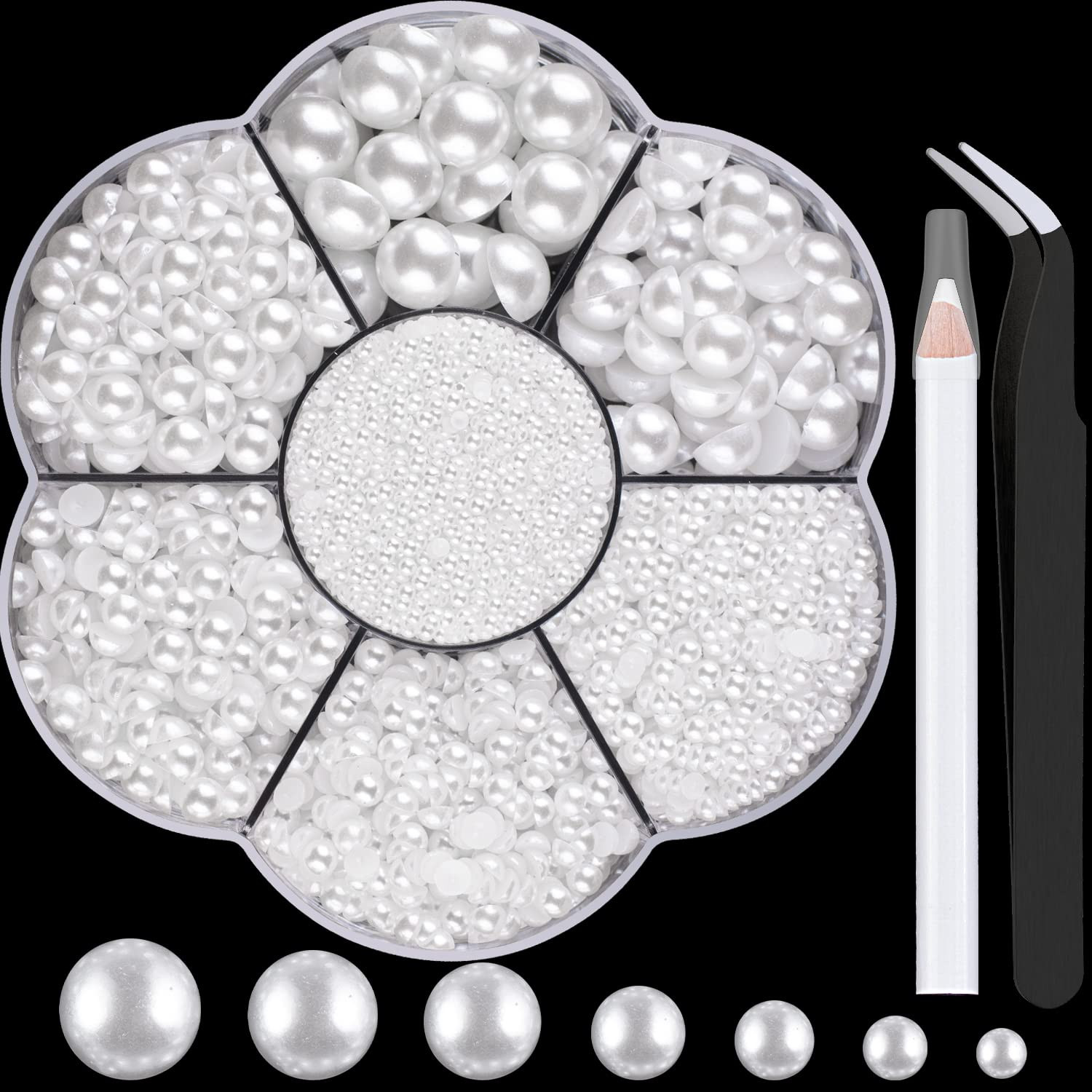 Nail Art Flat Back Half round Pearl Kits 3, Mixed Sizes 6000 Pcs White Small Pea
