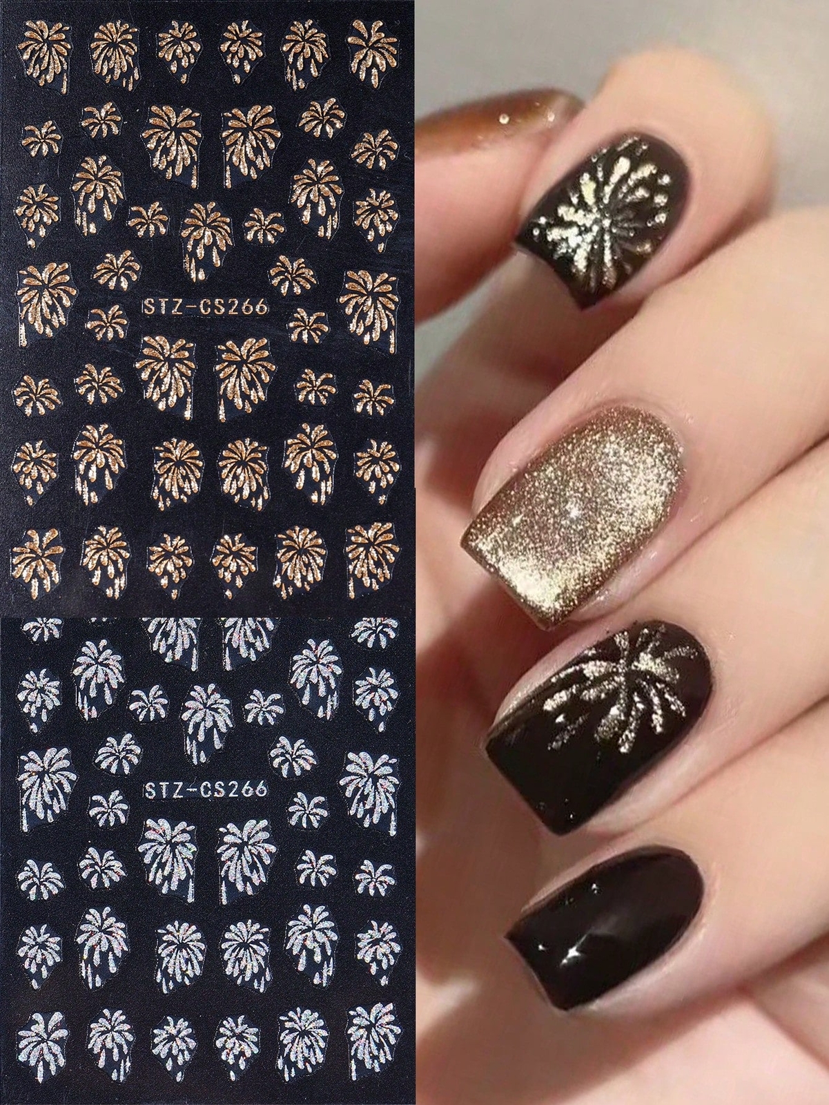2pcs Gold Silver Fireworks Pattern Nail Art Stickers Self Adhesive Shiny