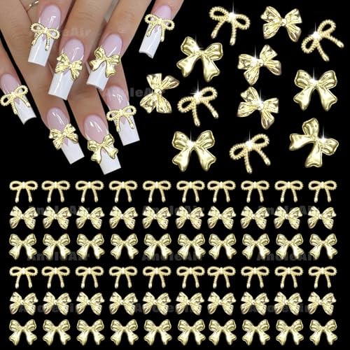 90 Pcs 3D Alloy Bow Nail Charms Gold