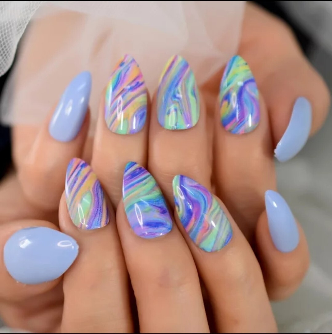 24 Periwinkle Purple Press On Nails Artsy Swirl pointed almond stiletto neon blu