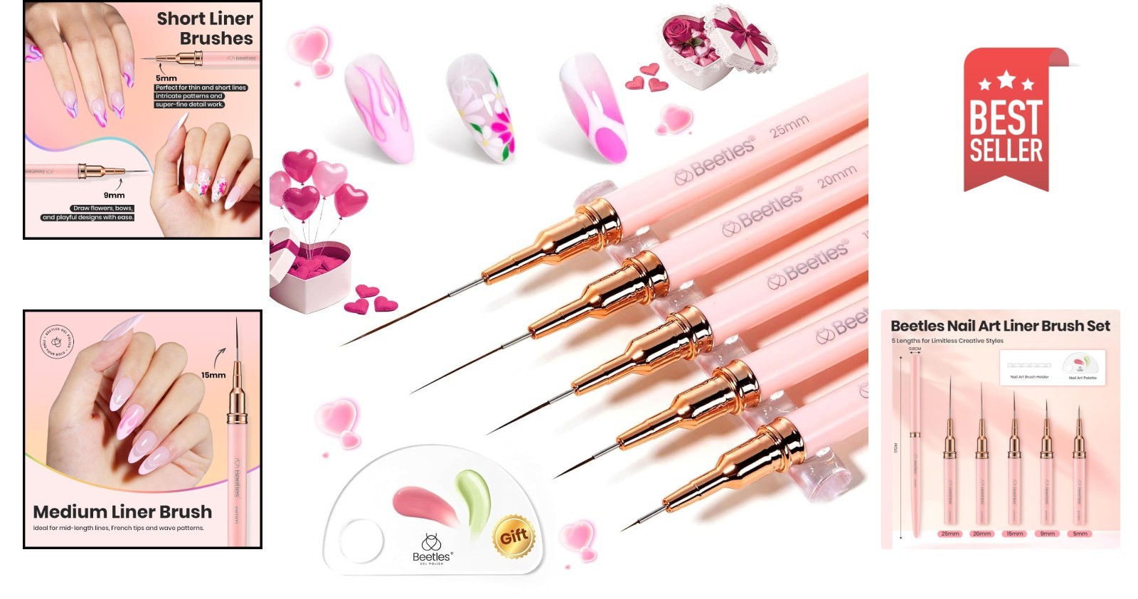 Beetles 5pcs Nail Art Brushes Set for Detailed Designs – Pink Liner Sizes 5-25mm