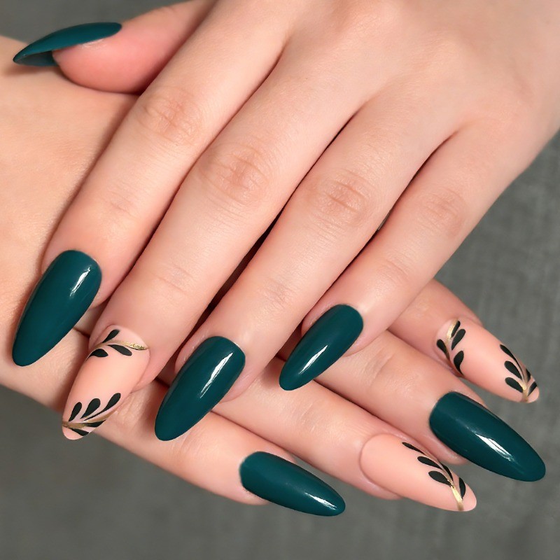 48pcs-Dark Teal Press on Nails, Medium Almond Nude Gold Leaf Accent False Nails